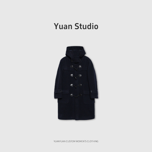 【YUAN】【大寒】复古藏青羊毛羊绒宽松牛角扣连帽毛呢大衣外套