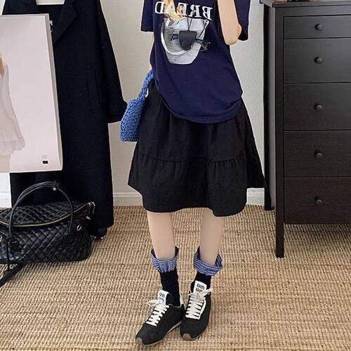 日系半身裙休闲松紧2026夏季新款裙子高腰显瘦学院藏青色A字中裙