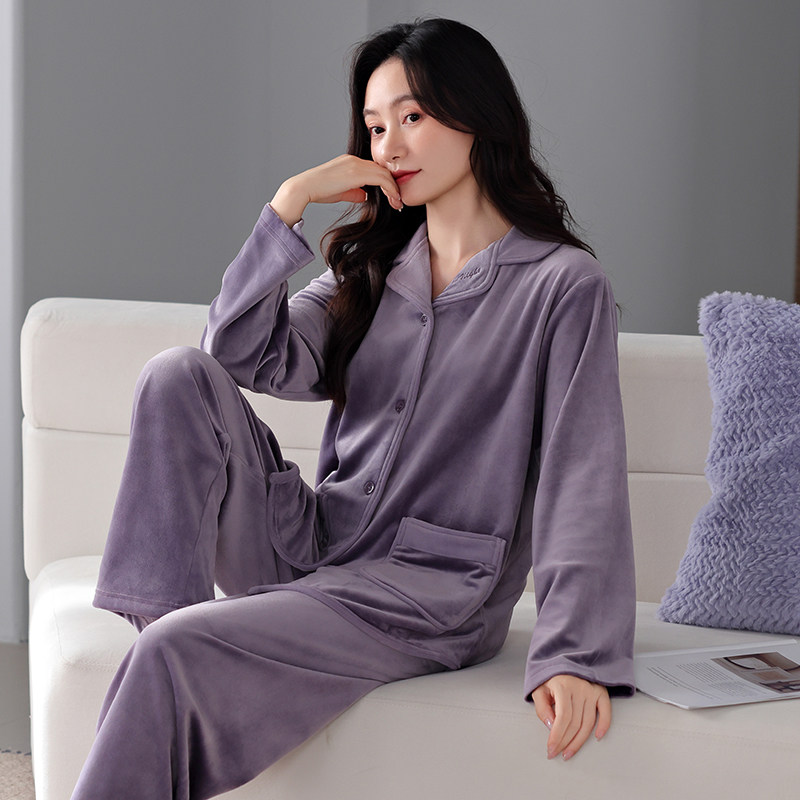 睡衣女款秋冬季长袖开衫海岛绒2025新款加绒加厚珊瑚绒春秋家居服