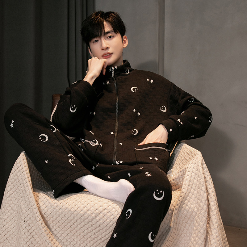睡衣冬季男款空气棉薄款夹层拉链休闲款可出门冬款纯棉夹棉家居服