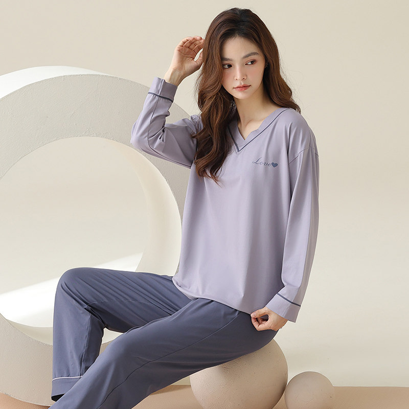 莱卡棉睡衣女士秋冬季纯棉长袖简约休闲女款家居服套装运动可外穿