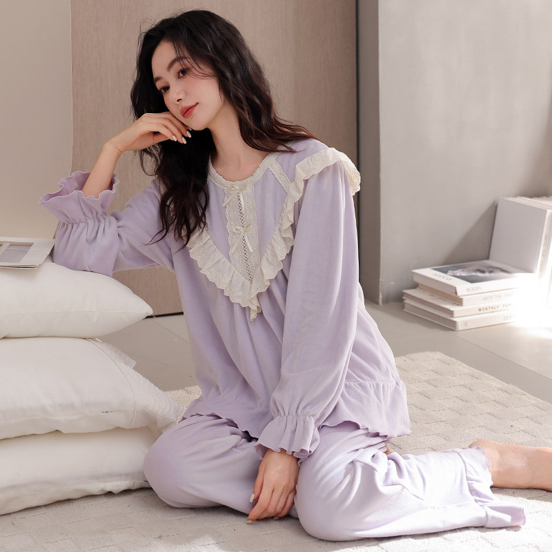 睡衣女款秋冬季珊瑚绒长袖加厚套装冬季海岛绒加绒套头宽松家居服