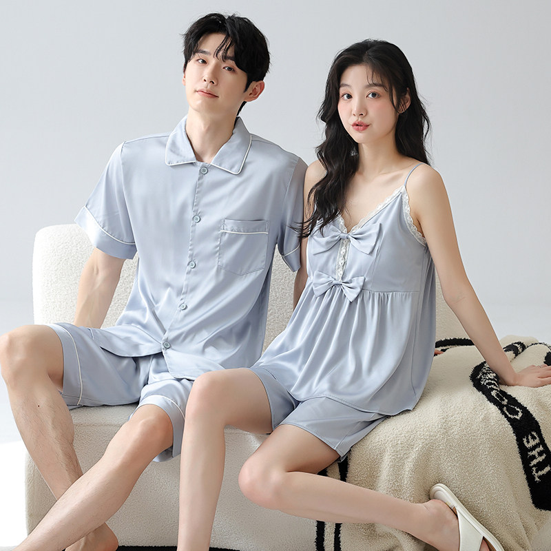 新款冰丝凉感情侣睡衣夏季短袖短裤男套装吊带女带胸垫可外穿大码