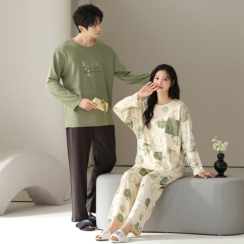 莱卡棉情侣睡衣男女春秋季纯棉长袖可外穿圆领家居服休闲居家套装