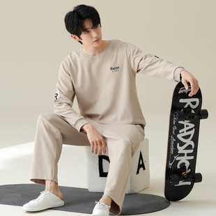 270g高档莱卡棉睡衣男款套头春秋季纯棉长袖休闲青少年家居服套装