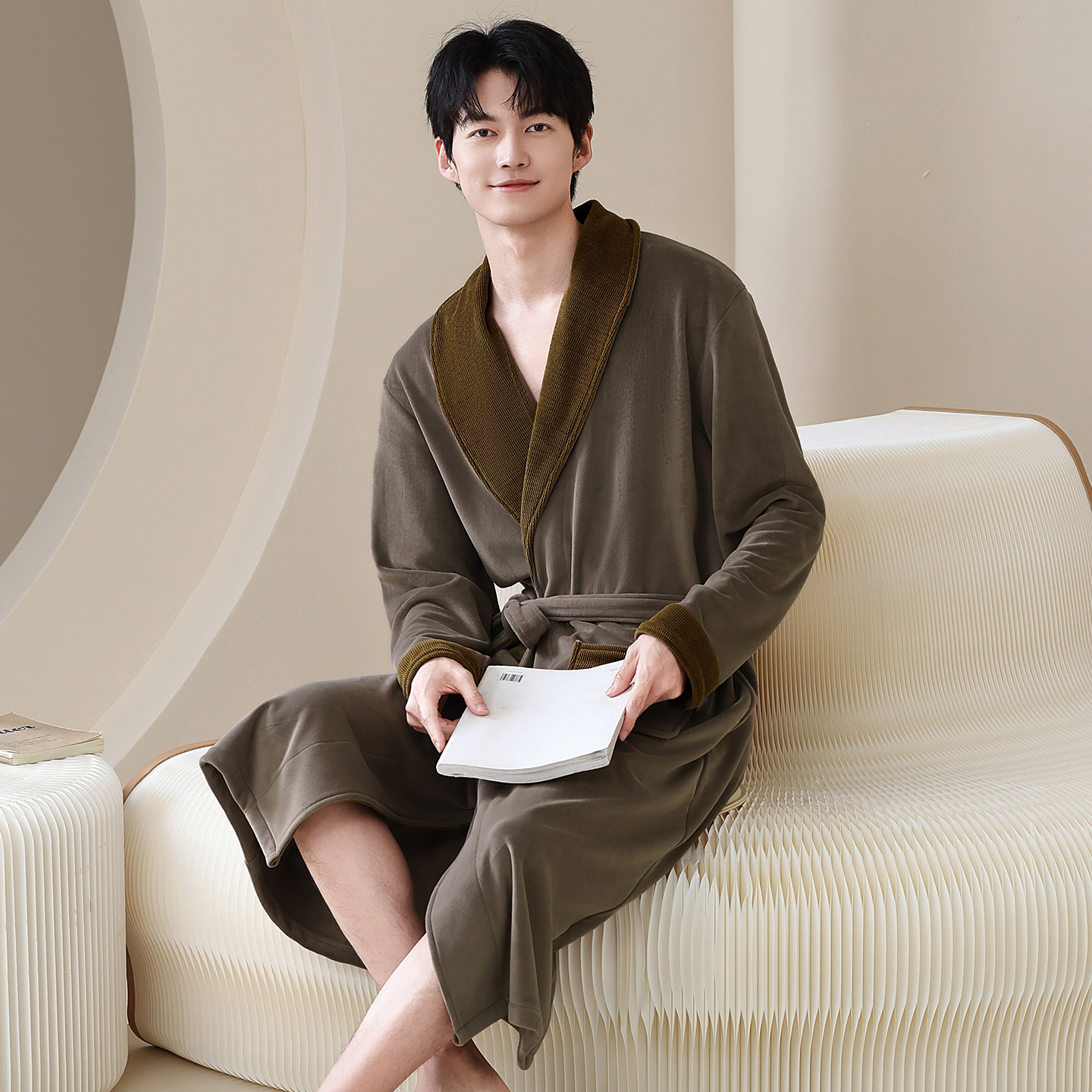 冬款睡袍男款冬季珊瑚绒睡衣加绒加厚中长款海岛绒浴袍男士家居服