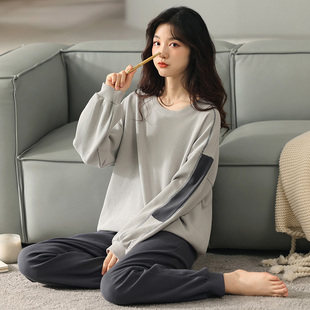 华夫格睡衣带胸垫一体纯棉女款春秋季女士新款套头家居服春秋套装