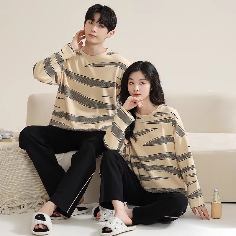 情侣款睡衣纯棉春秋天长袖长裤女休闲男款加大码套头可外穿家居服