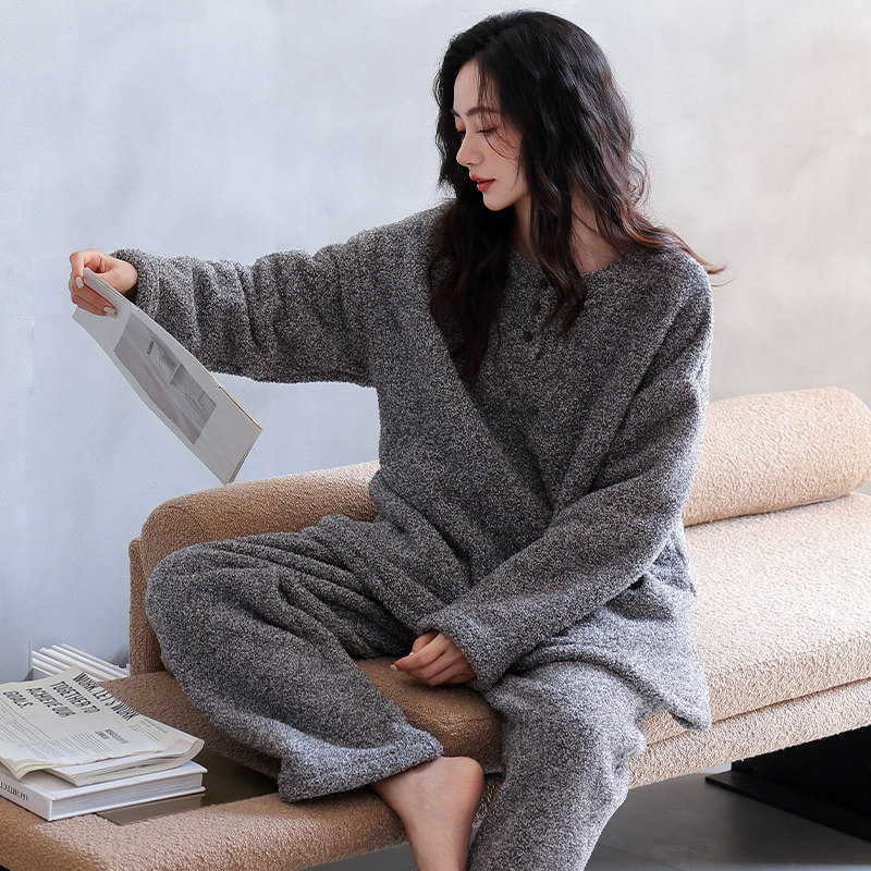 半边绒睡衣女士秋冬季冬款珊瑚绒保暖加厚加绒家居服圆领套头套装