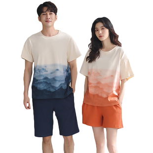 简约夏天情侣睡衣女款短裤华夫格薄款短袖男款休闲家居服运动套装
