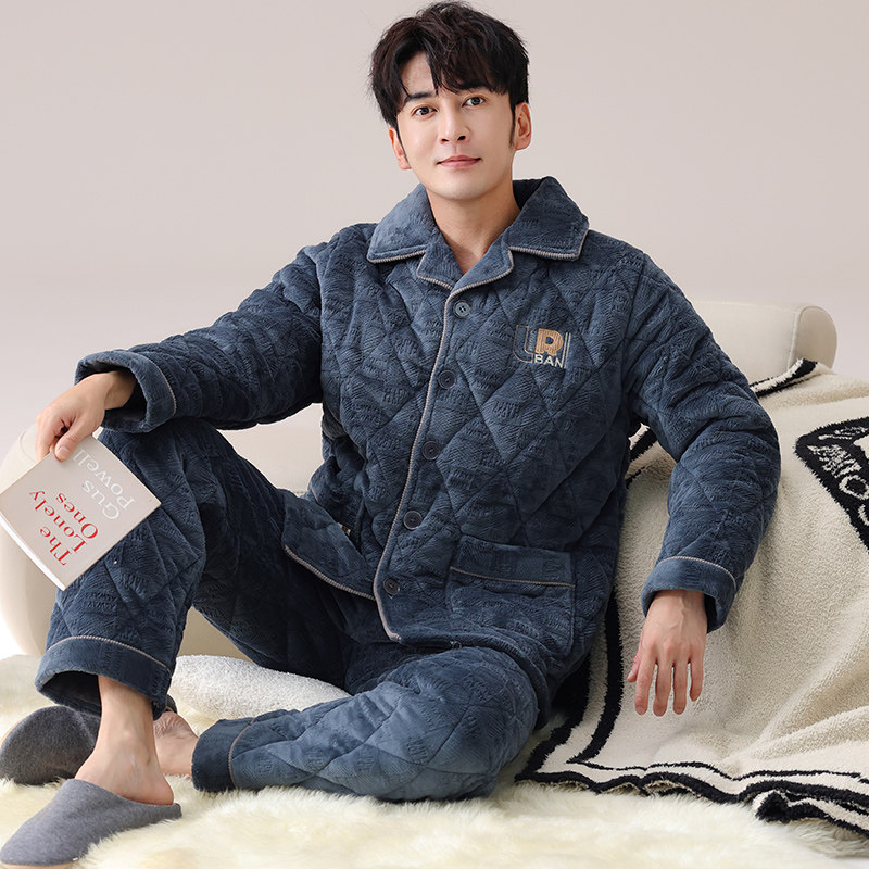 2025新款冬季睡衣男士珊瑚绒加绒加厚三层夹棉秋冬天可外穿家居服