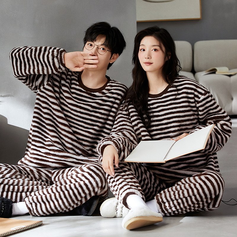 套头珊瑚绒情侣睡衣冬季加绒加厚保暖女条纹法兰绒秋冬款家居服男