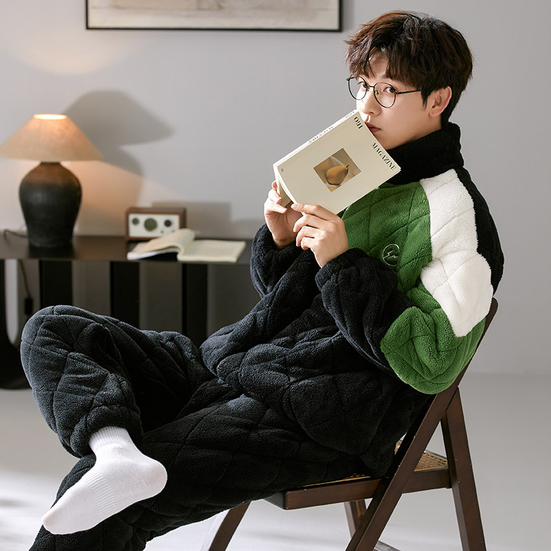 睡衣男款冬季加厚款加绒珊瑚绒三层夹棉秋冬款青年大码休闲家居服