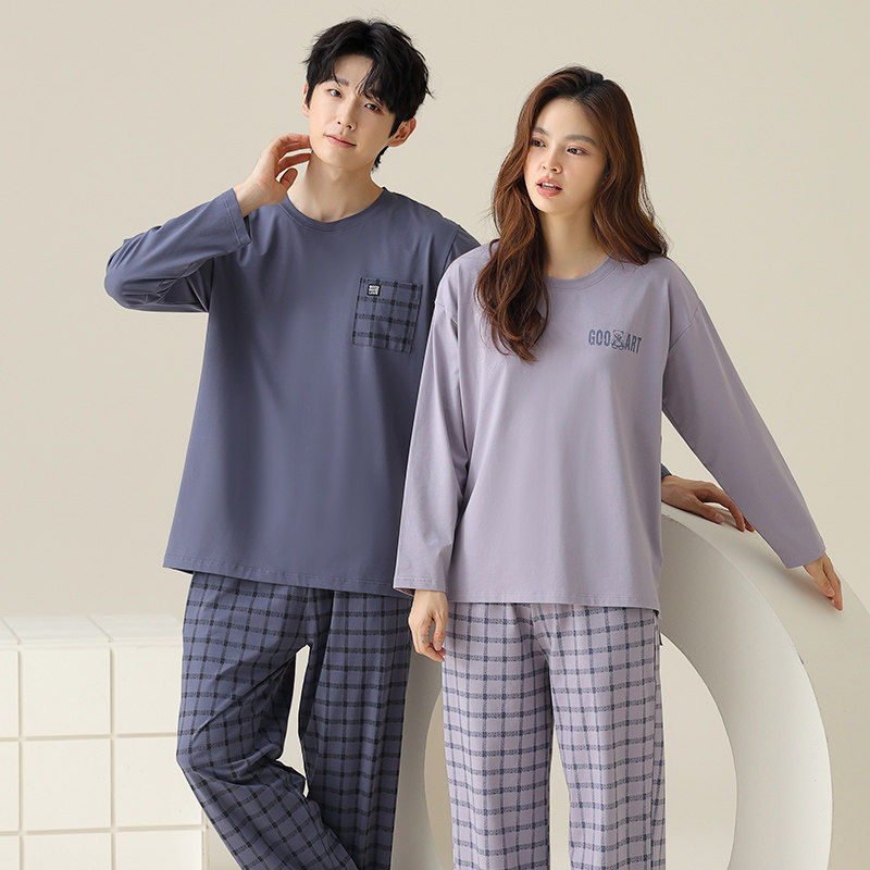 新款莱卡棉情侣睡衣女纯棉长袖春秋季男款大码家居服休闲两件套装