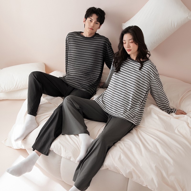 长袖薄款套装睡衣情侣装夏款纯棉春夏天家居服女款夏季男士可出门