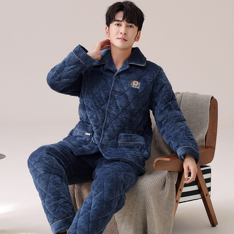 2025年新款睡衣男秋冬款三层夹棉加厚加绒套装珊瑚绒家居服可外穿