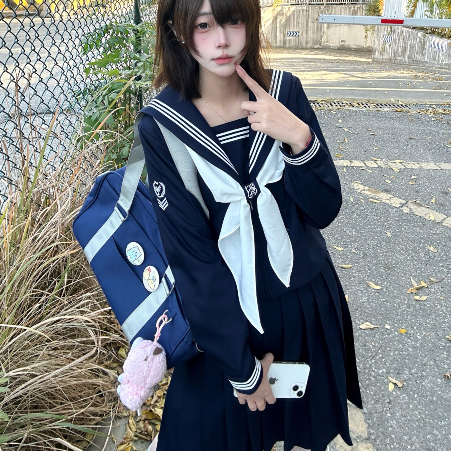 巧所工作室jk制服绀色三本鸟章基础款秋冬款长袖校供水手服中间服