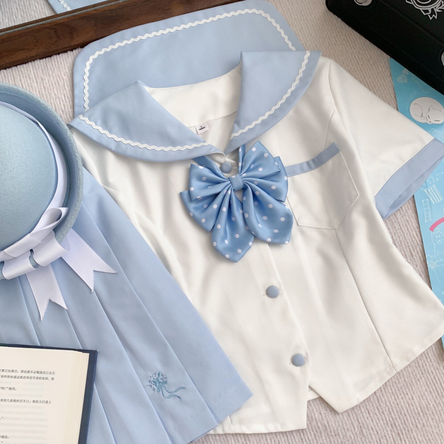 巧所【云与海】原创水手服jk制服夏季短袖学院风甜美蓝色套装女