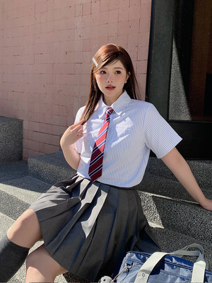 【巧所大码jk】学院风大码jk制服衬衫女长袖胖mm蓝色条纹衬衫