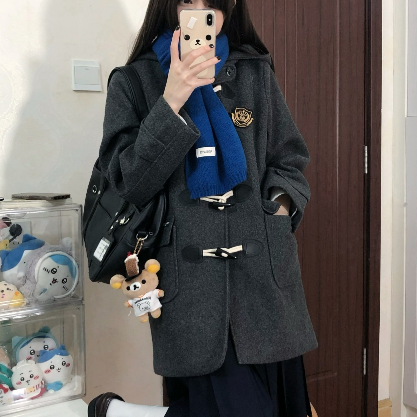 秋冬新品灰色学院风牛角扣大衣