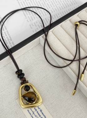 虎眼石吊坠抽拉项链毛衣链复古