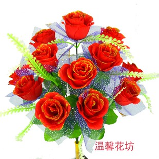 仿真玫瑰新款绢花假花12头沾金孔雀玫头玫瑰人造花清明祭祀扫墓