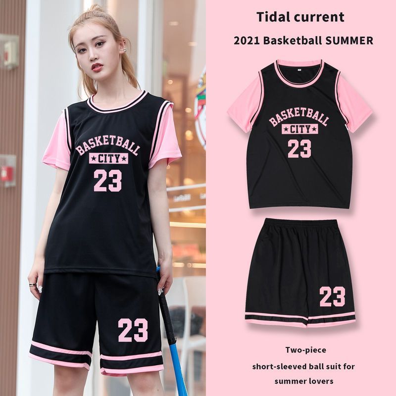 篮球服女装韩版夏季套装学生比赛队服粉色短袖假两件班服