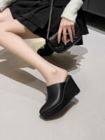 Fashionable four-season cowhide slippers, high heels, thick heels, muffin, thick soles, pointed toe caps, women's sandals, Muller commuting waterproof surface thumbnail 5