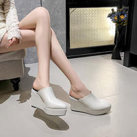 Fashionable four-season cowhide slippers, high heels, thick heels, muffin, thick soles, pointed toe caps, women's sandals, Muller commuting waterproof surface thumbnail 2