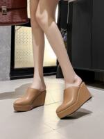 Fashionable four-season cowhide slippers, high heels, thick heels, muffin, thick soles, pointed toe caps, women's sandals, Muller commuting waterproof surface thumbnail 6