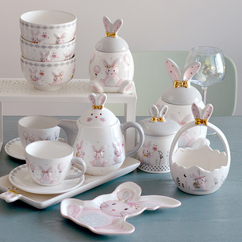 好看的可爱兔子陶瓷下午茶餐具描金粉嫩茶咖啡壶氛围感点心盘子