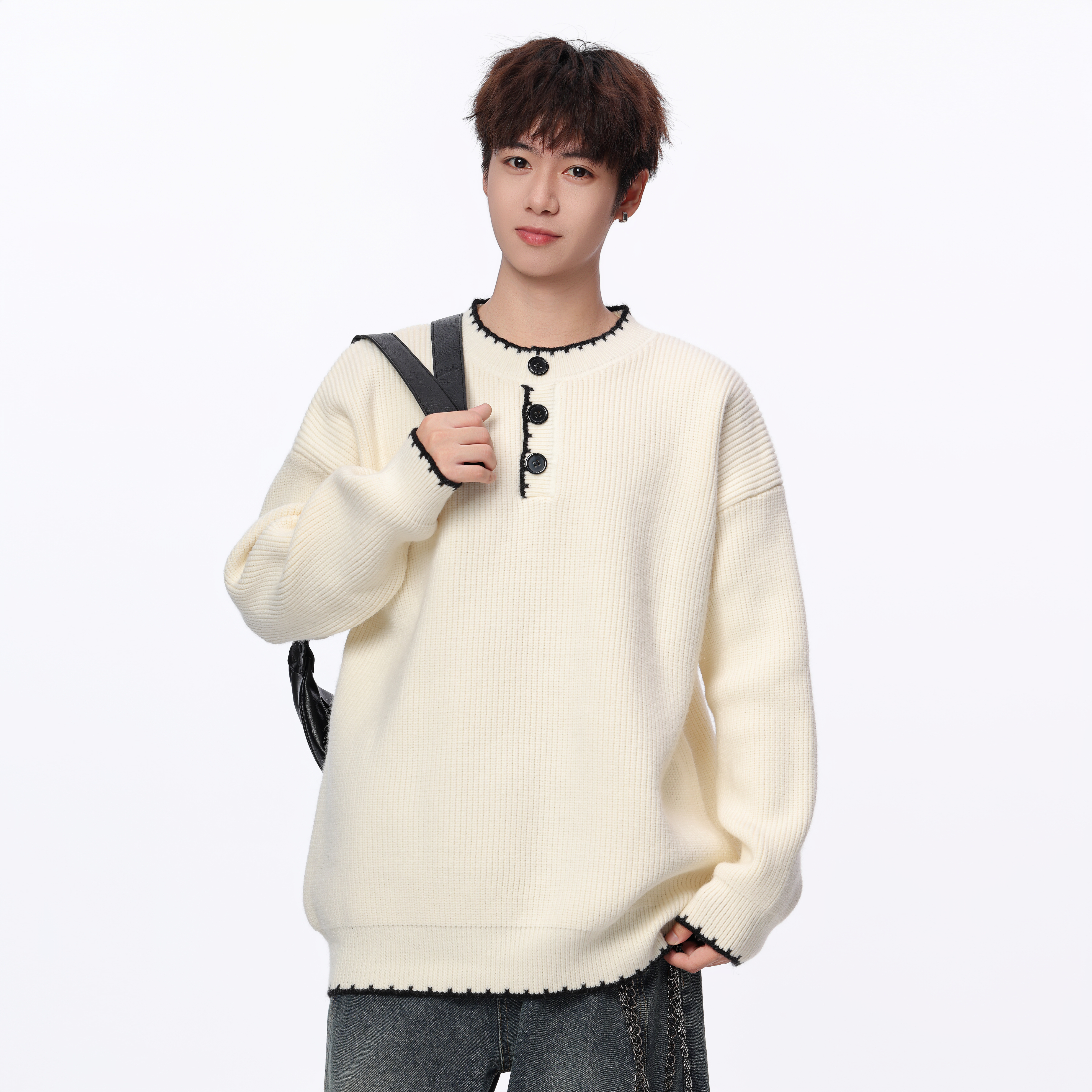 春秋圆领帅气文艺风宽松玫红毛衣