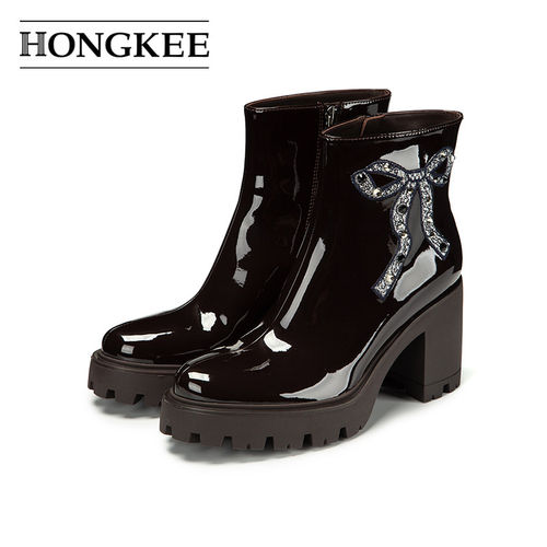 Hongkee/红科粗高跟女靴亮面时尚简约舒适小短靴H075M404