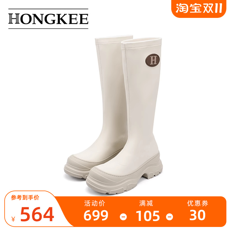 Hongkee/红科长筒靴女秋冬新款个性厚底弹力套筒女靴H804D414