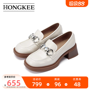 Hongkee/红科单鞋女新款粗跟乐福鞋简约舒适女鞋HA54S105