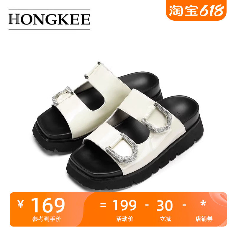 Hongkee/红科凉拖鞋女夏外穿2024新款牛皮厚底时尚凉鞋HD14D201