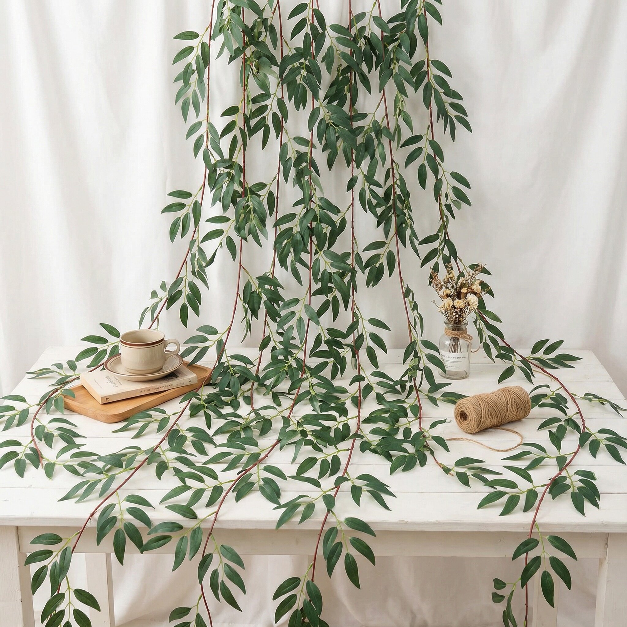 仿真柳叶柳树枝藤条植物北欧尤加利叶壁挂藤墙壁装饰植物墙吊顶叶