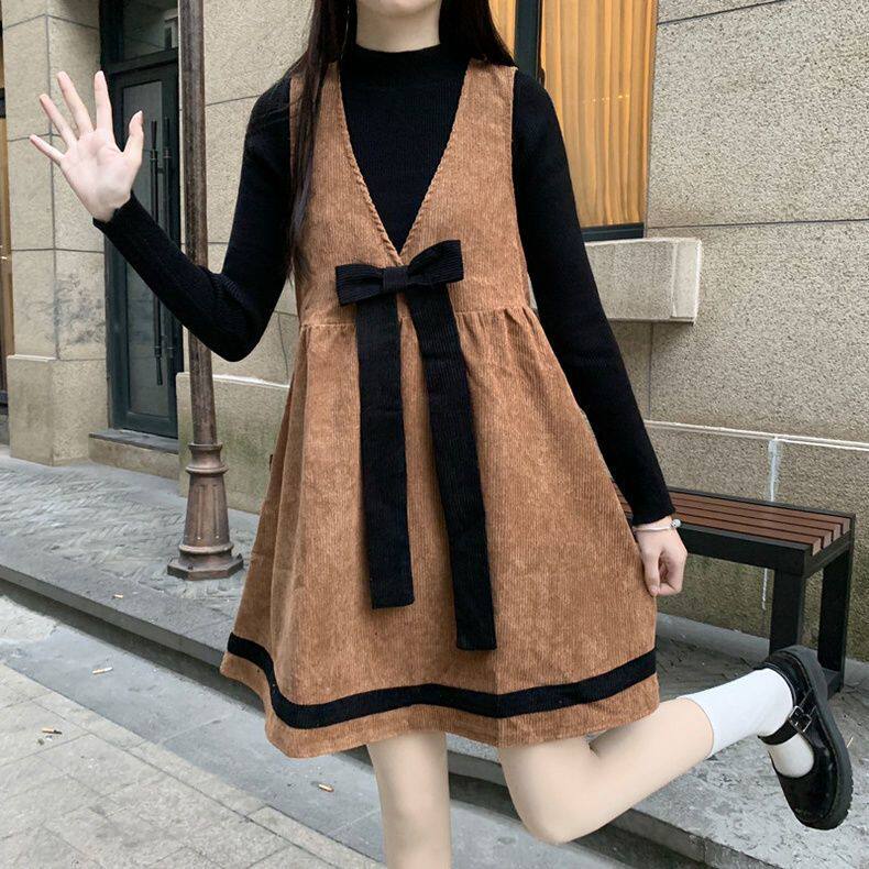 秋冬女装日系可爱少女穿搭学院风甜美小个子灯芯绒背带连衣裙套装