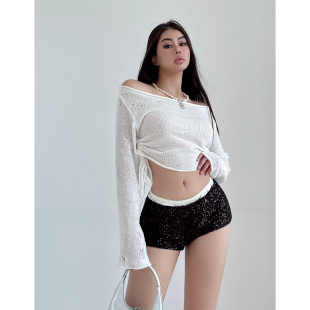 防晒短款 女薄款 上衣 纯欲风抽褶镂空一字领露肩针织罩衫 liviahome