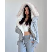 liviahome 美式 大毛领连帽拉链加厚短外套女早春加绒显瘦休闲上衣