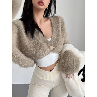 上衣 短款 liviahome纯欲风深V领宽松显瘦开衫 外套女慵懒仿貂毛长袖