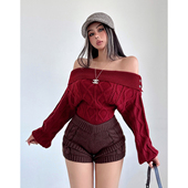 liviahome 冬日氛围感一字肩毛衣女绞花纹大翻领收腰显瘦针织上衣