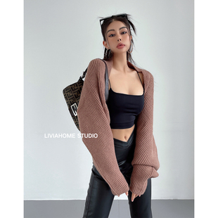 外套长袖 liviahome 廓形外搭针织毛衣罩衫 慵懒一片式 女秋冬 美式