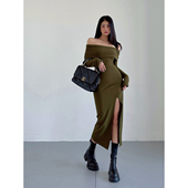 性感一字肩磨毛大翻领开叉裙长款 liviahome 辣妹早春法式 连衣裙