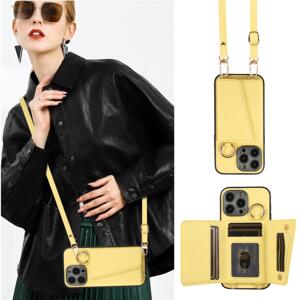 斜挎挂绳插卡手机壳14pro贴皮跨境苹果15背带iphone13卡包保护套
