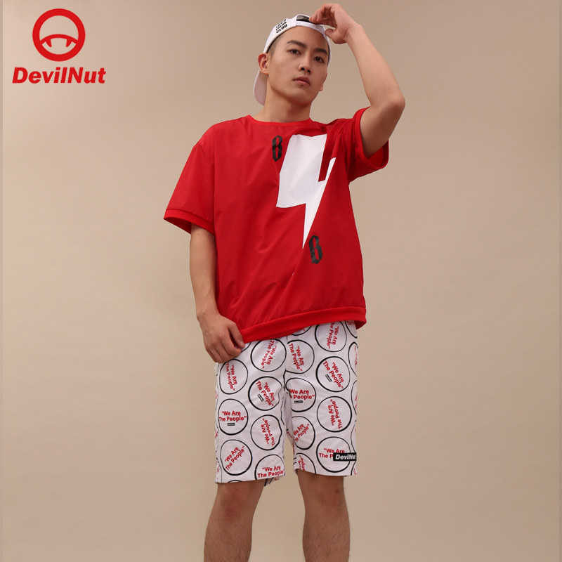 DEVIL NUT潮牌 恶魔 男女同款 宽松中国红新年红大红套头T SET