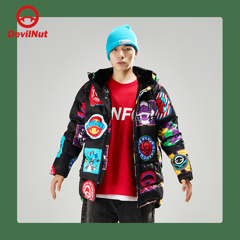 DEVIL NUT潮牌恶魔无性别情侣保暖拼接保暖黑底大标羽绒服 ANT