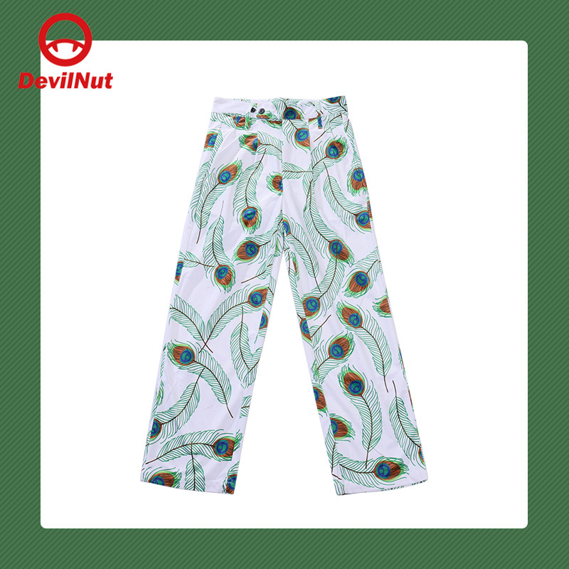 舒适百搭蝴蝶羽毛印花个性宽筒裤