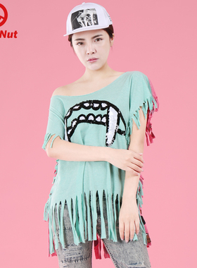 DEVIL NUT潮牌 恶魔 三只眼 热带风情 流苏 女式 短袖T恤 SFO