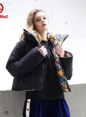 DEVIL NUT潮牌恶魔秋冬女款印花保暖短款面包羽绒服外套 骰子 ATY